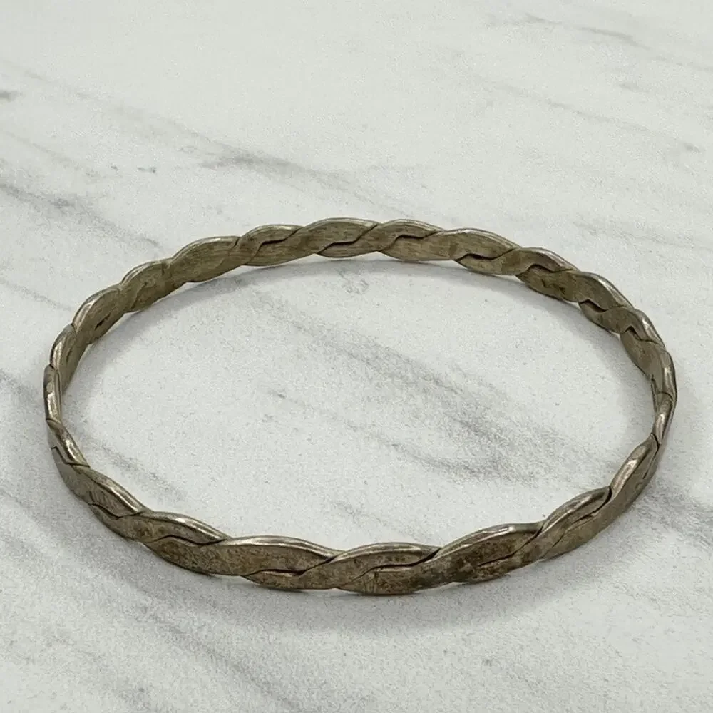 Alpaca Hecho En Mexico Vintage Flat Braided Bangle Bracelet Silver Tone ✨